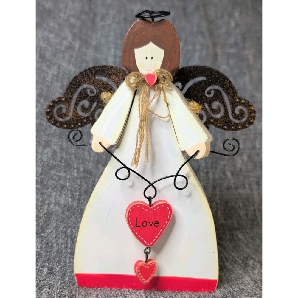 Russ Wooden Angel Figurine 7" Holding Hearts Rustic Country Home Decor